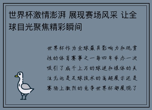 世界杯激情澎湃 展现赛场风采 让全球目光聚焦精彩瞬间